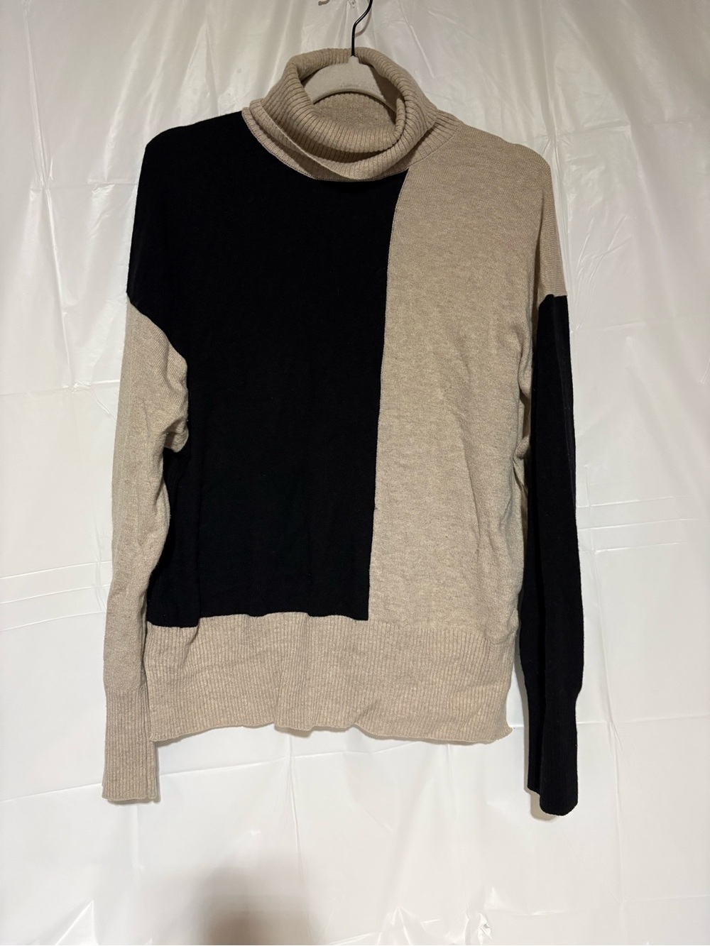 Reiss Two-Tone Black and Beige Colorblock Turtleneck Sweater